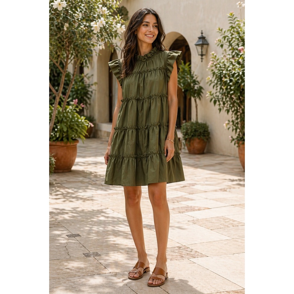 En Saison Cleo Poplin Olive Green Tiered Ruffle‎ Mini Dress Flowy Cottagecore M